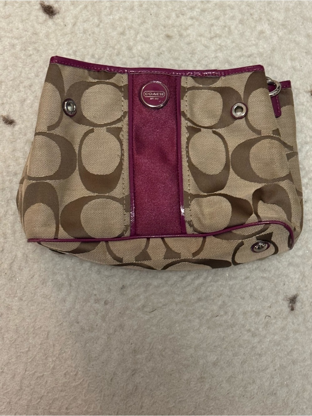 Coach Khaki Signature Canvas Wristlet with Magenta Trim